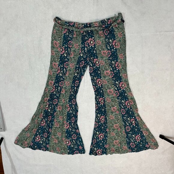 Free People Bali Sultry Boho Floral Flare Pants Teal Pink Green M Perfect Gift - Picture 8 of 13